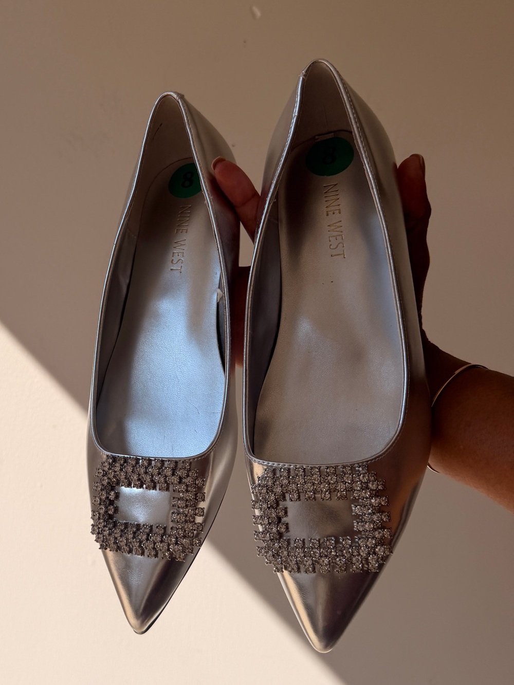 Nine West Silver Pointed Toe Rhinestone Buckle Flats